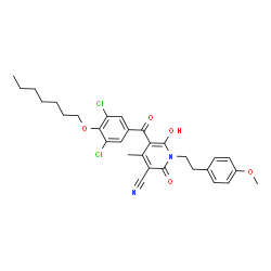 ChemSpider 2D Image | 5-[3,5-Dichloro-4-(heptyloxy)benzoyl]-6-hydroxy-1-[2-(4-methoxyphenyl)ethyl]-4-methyl-2-oxo-1,2-dihydro-3-pyridinecarbonitrile | C30H32Cl2N2O5