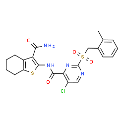 ChemSpider 2D Image | N-(3-Carbamoyl-4,5,6,7-tetrahydro-1-benzothiophen-2-yl)-5-chloro-2-[(2-methylbenzyl)sulfonyl]-4-pyrimidinecarboxamide | C22H21ClN4O4S2