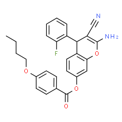 ChemSpider 2D Image | 2-Amino-3-cyano-4-(2-fluorophenyl)-4H-chromen-7-yl 4-butoxybenzoate | C27H23FN2O4