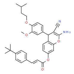 ChemSpider 2D Image | 2-Amino-3-cyano-4-[3-methoxy-4-(3-methylbutoxy)phenyl]-4H-chromen-7-yl (2E)-3-(4-tert-butylphenyl)acrylate | C35H38N2O5