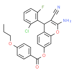 ChemSpider 2D Image | 2-Amino-4-(2-chloro-6-fluorophenyl)-3-cyano-4H-chromen-7-yl 4-propoxybenzoate | C26H20ClFN2O4
