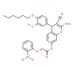ChemSpider 2D Image | 2-Amino-3-cyano-4-[4-(hexyloxy)-3-methoxyphenyl]-4H-chromen-7-yl (2-nitrophenoxy)acetate | C31H31N3O8