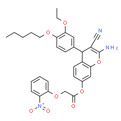 ChemSpider 2D Image | 2-Amino-3-cyano-4-[3-ethoxy-4-(pentyloxy)phenyl]-4H-chromen-7-yl (2-nitrophenoxy)acetate | C31H31N3O8