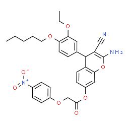 ChemSpider 2D Image | 2-Amino-3-cyano-4-[3-ethoxy-4-(pentyloxy)phenyl]-4H-chromen-7-yl (4-nitrophenoxy)acetate | C31H31N3O8