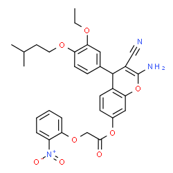 ChemSpider 2D Image | 2-Amino-3-cyano-4-[3-ethoxy-4-(3-methylbutoxy)phenyl]-4H-chromen-7-yl (2-nitrophenoxy)acetate | C31H31N3O8