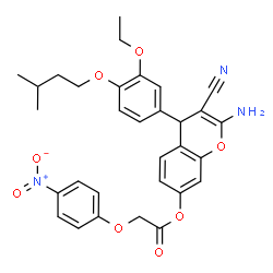 ChemSpider 2D Image | 2-Amino-3-cyano-4-[3-ethoxy-4-(3-methylbutoxy)phenyl]-4H-chromen-7-yl (4-nitrophenoxy)acetate | C31H31N3O8