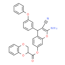 ChemSpider 2D Image | 2-Amino-3-cyano-4-(3-phenoxyphenyl)-4H-chromen-7-yl 2,3-dihydro-1,4-benzodioxine-2-carboxylate | C31H22N2O6