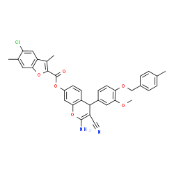 ChemSpider 2D Image | 2-Amino-3-cyano-4-{3-methoxy-4-[(4-methylbenzyl)oxy]phenyl}-4H-chromen-7-yl 5-chloro-3,6-dimethyl-1-benzofuran-2-carboxylate | C36H29ClN2O6