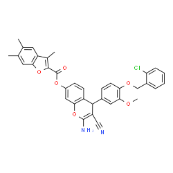 ChemSpider 2D Image | 2-Amino-4-{4-[(2-chlorobenzyl)oxy]-3-methoxyphenyl}-3-cyano-4H-chromen-7-yl 3,5,6-trimethyl-1-benzofuran-2-carboxylate | C36H29ClN2O6