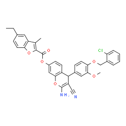 ChemSpider 2D Image | 2-Amino-4-{4-[(2-chlorobenzyl)oxy]-3-methoxyphenyl}-3-cyano-4H-chromen-7-yl 5-ethyl-3-methyl-1-benzofuran-2-carboxylate | C36H29ClN2O6