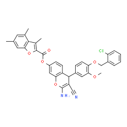 ChemSpider 2D Image | 2-Amino-4-{4-[(2-chlorobenzyl)oxy]-3-methoxyphenyl}-3-cyano-4H-chromen-7-yl 3,4,6-trimethyl-1-benzofuran-2-carboxylate | C36H29ClN2O6