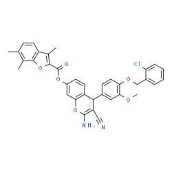 ChemSpider 2D Image | 2-Amino-4-{4-[(2-chlorobenzyl)oxy]-3-methoxyphenyl}-3-cyano-4H-chromen-7-yl 3,6,7-trimethyl-1-benzofuran-2-carboxylate | C36H29ClN2O6