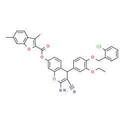 ChemSpider 2D Image | 2-Amino-4-{4-[(2-chlorobenzyl)oxy]-3-ethoxyphenyl}-3-cyano-4H-chromen-7-yl 3,6-dimethyl-1-benzofuran-2-carboxylate | C36H29ClN2O6