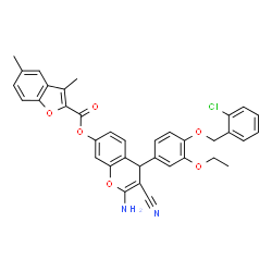 ChemSpider 2D Image | 2-Amino-4-{4-[(2-chlorobenzyl)oxy]-3-ethoxyphenyl}-3-cyano-4H-chromen-7-yl 3,5-dimethyl-1-benzofuran-2-carboxylate | C36H29ClN2O6
