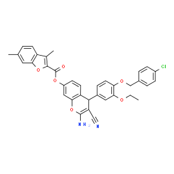 ChemSpider 2D Image | 2-Amino-4-{4-[(4-chlorobenzyl)oxy]-3-ethoxyphenyl}-3-cyano-4H-chromen-7-yl 3,6-dimethyl-1-benzofuran-2-carboxylate | C36H29ClN2O6
