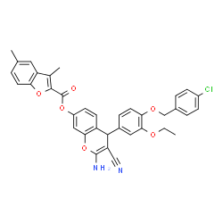 ChemSpider 2D Image | 2-Amino-4-{4-[(4-chlorobenzyl)oxy]-3-ethoxyphenyl}-3-cyano-4H-chromen-7-yl 3,5-dimethyl-1-benzofuran-2-carboxylate | C36H29ClN2O6