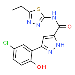 ChemSpider 2D Image | 3-(5-Chloro-2-hydroxyphenyl)-N-(5-ethyl-1,3,4-thiadiazol-2-yl)-1H-pyrazole-5-carboxamide | C14H12ClN5O2S