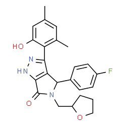 ChemSpider 2D Image | 4-(4-Fluorophenyl)-3-(2-hydroxy-4,6-dimethylphenyl)-5-(tetrahydro-2-furanylmethyl)-4,5-dihydropyrrolo[3,4-c]pyrazol-6(1H)-one | C24H24FN3O3