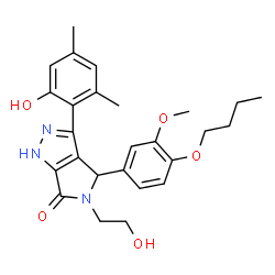 ChemSpider 2D Image | 4-(4-Butoxy-3-methoxyphenyl)-3-(2-hydroxy-4,6-dimethylphenyl)-5-(2-hydroxyethyl)-4,5-dihydropyrrolo[3,4-c]pyrazol-6(1H)-one | C26H31N3O5