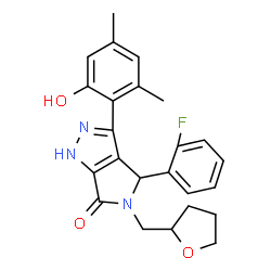 ChemSpider 2D Image | 4-(2-Fluorophenyl)-3-(2-hydroxy-4,6-dimethylphenyl)-5-(tetrahydro-2-furanylmethyl)-4,5-dihydropyrrolo[3,4-c]pyrazol-6(1H)-one | C24H24FN3O3
