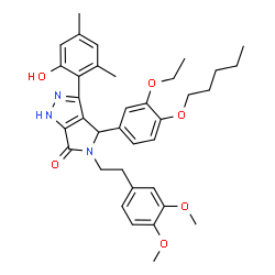 ChemSpider 2D Image | 5-[2-(3,4-Dimethoxyphenyl)ethyl]-4-[3-ethoxy-4-(pentyloxy)phenyl]-3-(2-hydroxy-4,6-dimethylphenyl)-4,5-dihydropyrrolo[3,4-c]pyrazol-6(1H)-one | C36H43N3O6