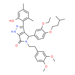 ChemSpider 2D Image | 5-[2-(3,4-Dimethoxyphenyl)ethyl]-4-[3-ethoxy-4-(3-methylbutoxy)phenyl]-3-(2-hydroxy-4,6-dimethylphenyl)-4,5-dihydropyrrolo[3,4-c]pyrazol-6(1H)-one | C36H43N3O6