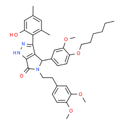 ChemSpider 2D Image | 5-[2-(3,4-Dimethoxyphenyl)ethyl]-4-[4-(hexyloxy)-3-methoxyphenyl]-3-(2-hydroxy-4,6-dimethylphenyl)-4,5-dihydropyrrolo[3,4-c]pyrazol-6(1H)-one | C36H43N3O6