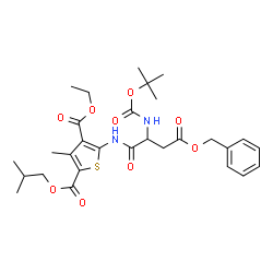 ChemSpider 2D Image | 4-Ethyl 2-isobutyl 5-{[4-(benzyloxy)-2-({[(2-methyl-2-propanyl)oxy]carbonyl}amino)-4-oxobutanoyl]amino}-3-methyl-2,4-thiophenedicarboxylate (non-preferred name) | C29H38N2O9S