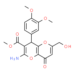 ChemSpider 2D Image | Methyl 2-amino-4-(3,4-dimethoxyphenyl)-6-(hydroxymethyl)-8-oxo-4,8-dihydropyrano[3,2-b]pyran-3-carboxylate | C19H19NO8