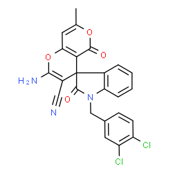 ChemSpider 2D Image | 2'-Amino-1-(3,4-dichlorobenzyl)-7'-methyl-2,5'-dioxo-1,2-dihydro-5'H-spiro[indole-3,4'-pyrano[4,3-b]pyran]-3'-carbonitrile | C24H15Cl2N3O4