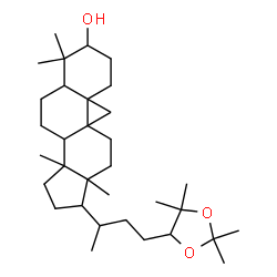 ChemSpider 2D Image | 3a,6,6,12a-Tetramethyl-1-[4-(2,2,5,5-tetramethyl-1,3-dioxolan-4-yl)-2-butanyl]tetradecahydro-1H-cyclopenta[a]cyclopropa[e]phenanthren-7-ol (non-preferred name) | C33H56O3