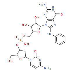 ChemSpider 2D Image | [5-(2-amino-8-anilino-6-oxo-1H-purin-9-yl)-3,4-dihydroxy-tetrahydrofuran-2-yl]methyl [5-(4-amino-2-oxo-pyrimidin-1-yl)-2-(hydroxymethyl)tetrahydrofuran-3-yl] hydrogen phosphate | C25H30N9O11P