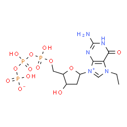 ChemSpider 2D Image | 2-Amino-9-{2-deoxy-5-O-[hydroxy({hydroxy[(hydroxyphosphinato)oxy]phosphoryl}oxy)phosphoryl]pentofuranosyl}-7-ethyl-6-oxo-6,7-dihydro-1H-purin-9-ium | C12H20N5O13P3