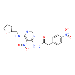 ChemSpider 2D Image | 2-(4-Nitrophenyl)-N'-{5-nitro-6-[(tetrahydro-2-furanylmethyl)amino]-4-pyrimidinyl}acetohydrazide | C17H19N7O6