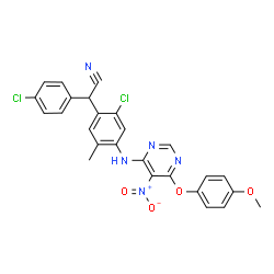 ChemSpider 2D Image | (2-Chloro-4-{[6-(4-methoxyphenoxy)-5-nitropyrimidin-4-yl]amino}-5-methylphenyl)(4-chlorophenyl)acetonitrile | C26H19Cl2N5O4