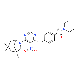 ChemSpider 2D Image | N,N-Diethyl-4-{[5-nitro-6-(1,3,3-trimethyl-6-azabicyclo[3.2.1]oct-6-yl)-4-pyrimidinyl]amino}benzenesulfonamide | C24H34N6O4S