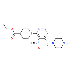 ChemSpider 2D Image | Ethyl 1-{6-[(4-methyl-1-piperazinyl)amino]-5-nitro-4-pyrimidinyl}-4-piperidinecarboxylate | C17H27N7O4