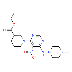 ChemSpider 2D Image | Ethyl 1-{6-[(4-methyl-1-piperazinyl)amino]-5-nitro-4-pyrimidinyl}-3-piperidinecarboxylate | C17H27N7O4