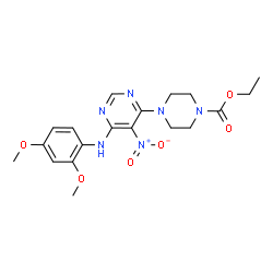 ChemSpider 2D Image | Ethyl 4-{6-[(2,4-dimethoxyphenyl)amino]-5-nitropyrimidin-4-yl}piperazine-1-carboxylate | C19H24N6O6