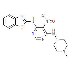 ChemSpider 2D Image | N-(1,3-Benzothiazol-2-yl)-N'-(4-methyl-1-piperazinyl)-5-nitro-4,6-pyrimidinediamine | C16H18N8O2S