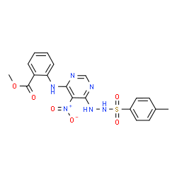 ChemSpider 2D Image | Methyl 2-[(6-{2-[(4-methylphenyl)sulfonyl]hydrazino}-5-nitro-4-pyrimidinyl)amino]benzoate | C19H18N6O6S