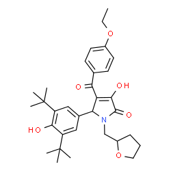 ChemSpider 2D Image | 5-(3,5-Di-tert-butyl-4-hydroxyphenyl)-4-(4-ethoxybenzoyl)-3-hydroxy-1-(tetrahydrofuran-2-ylmethyl)-1,5-dihydro-2H-pyrrol-2-one | C32H41NO6
