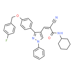 ChemSpider 2D Image | (2Z)-2-Cyano-N-cyclohexyl-3-(3-{4-[(4-fluorobenzyl)oxy]phenyl}-1-phenyl-1H-pyrazol-4-yl)acrylamide | C32H29FN4O2