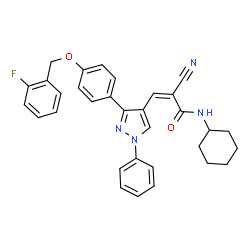 ChemSpider 2D Image | (2Z)-2-Cyano-N-cyclohexyl-3-(3-{4-[(2-fluorobenzyl)oxy]phenyl}-1-phenyl-1H-pyrazol-4-yl)acrylamide | C32H29FN4O2