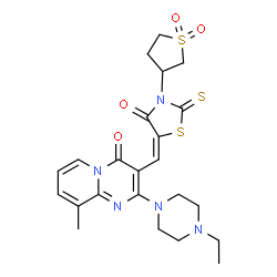 ChemSpider 2D Image | 3-{(E)-[3-(1,1-Dioxidotetrahydro-3-thiophenyl)-4-oxo-2-thioxo-1,3-thiazolidin-5-ylidene]methyl}-2-(4-ethyl-1-piperazinyl)-9-methyl-4H-pyrido[1,2-a]pyrimidin-4-one | C23H27N5O4S3