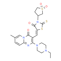 ChemSpider 2D Image | 3-{(E)-[3-(1,1-Dioxidotetrahydro-3-thiophenyl)-4-oxo-2-thioxo-1,3-thiazolidin-5-ylidene]methyl}-2-(4-ethyl-1-piperazinyl)-7-methyl-4H-pyrido[1,2-a]pyrimidin-4-one | C23H27N5O4S3
