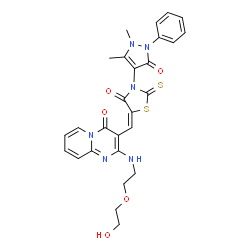 ChemSpider 2D Image | 3-{(E)-[3-(1,5-Dimethyl-3-oxo-2-phenyl-2,3-dihydro-1H-pyrazol-4-yl)-4-oxo-2-thioxo-1,3-thiazolidin-5-ylidene]methyl}-2-{[2-(2-hydroxyethoxy)ethyl]amino}-4H-pyrido[1,2-a]pyrimidin-4-one | C27H26N6O5S2