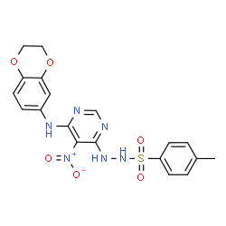 ChemSpider 2D Image | N'-[6-(2,3-Dihydro-1,4-benzodioxin-6-ylamino)-5-nitropyrimidin-4-yl]-4-methylbenzenesulfonohydrazide | C19H18N6O6S