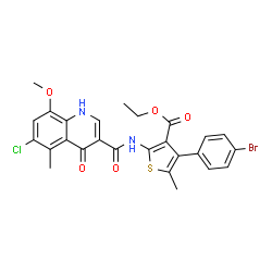 ChemSpider 2D Image | Ethyl 4-(4-bromophenyl)-2-{[(6-chloro-8-methoxy-5-methyl-4-oxo-1,4-dihydro-3-quinolinyl)carbonyl]amino}-5-methyl-3-thiophenecarboxylate | C26H22BrClN2O5S