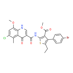 ChemSpider 2D Image | Methyl 4-(4-bromophenyl)-2-{[(6-chloro-8-methoxy-5-methyl-4-oxo-1,4-dihydro-3-quinolinyl)carbonyl]amino}-5-ethyl-3-thiophenecarboxylate | C26H22BrClN2O5S